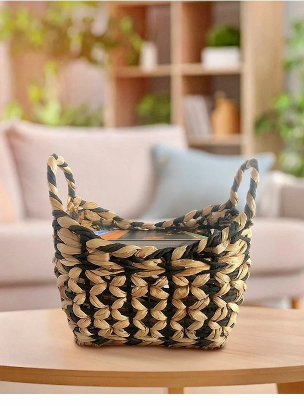 Woven Two-Tone Black and Natural Storage Basket